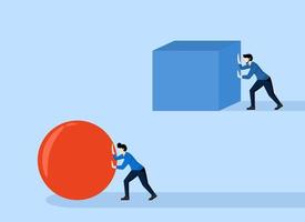 Competition concept. Enterprising businessman pushing ball Behind pushing heavy load. Winning strategy business concept. Effective achievement. Direction to victory. vector