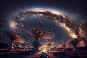 Astronomy deep space radio telescope arrays at night pointing into space photo