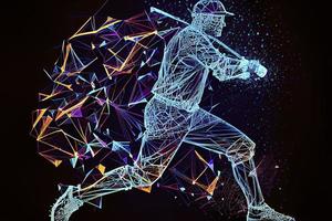 Abstract baseball player from particles, lines and triangles on blue background. All elements on a separate layers photo