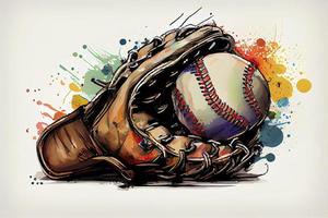 béisbol guante con pelota desde un chapoteo de acuarela, mano dibujado bosquejo foto