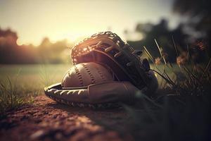 béisbol en guante en el césped a puesta de sol en el noche día con Dom rayo y lente llamarada ligero foto