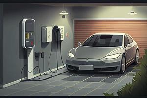 Electric car charging in underground garage plugged at home charger station. Battery EV vehicle standing parking photo