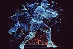 Abstract baseball player from particles, lines and triangles on blue background. All elements on a separate layers photo