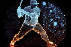 Abstract baseball player from particles, lines and triangles on blue background. All elements on a separate layers photo