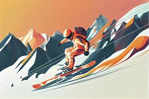 Advanced skier slides near mountain downhill. Sports descent on skis in mountains hills photo