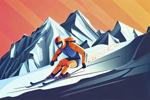 avanzado esquiador diapositivas cerca montaña cuesta abajo. Deportes descendencia en esquís en montañas colinas foto