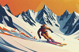 avanzado esquiador diapositivas cerca montaña cuesta abajo. Deportes descendencia en esquís en montañas colinas foto
