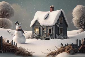 Snowy countryside day scene with wooden cottage and snowman at front photo