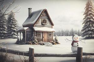 Snowy countryside day scene with wooden cottage and snowman at front photo