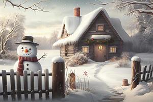 Snowy countryside day scene with wooden cottage and snowman at front photo