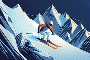 Advanced skier slides near mountain downhill. Sports descent on skis in mountains hills photo