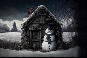 Snowy countryside day scene with wooden cottage and snowman at front photo