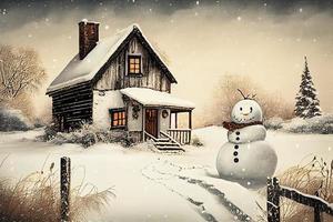 Snowy countryside day scene with wooden cottage and snowman at front photo