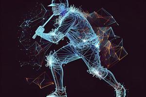 Abstract baseball player from particles, lines and triangles on blue background. All elements on a separate layers photo