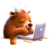 cute teddy bear working in front of laptop png