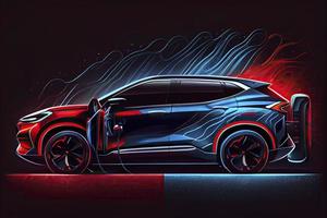 Electric SUV car with charging station by sketch line blue and red colors isolated on black background photo