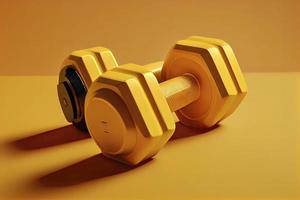 Two dumbbells on isolated yellow background. Fitness accessories photo