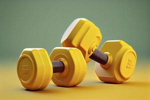 Two dumbbells on isolated yellow background. Fitness accessories photo