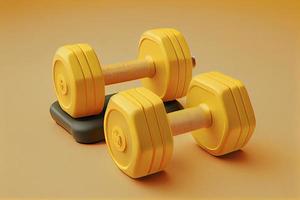 Two dumbbells on isolated yellow background. Fitness accessories photo