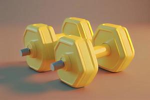 Two dumbbells on isolated yellow background. Fitness accessories photo