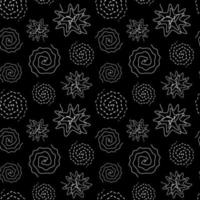 Seamless pattern with abstract twirls and spirals on dark background. Vector illustration of lines twisted in circle. Drawing of round dotted swirls and wavy whirls.