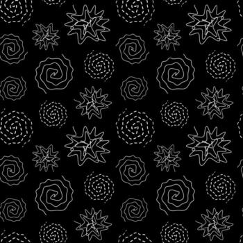 sin costura modelo con resumen giros y espirales en oscuro antecedentes. vector ilustración de líneas retorcido en círculo. dibujo de redondo punteado remolinos y ondulado remolinos