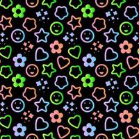 Seamless pattern of neon and acid elements. Vector illustration. Background with stars, hearts and flowers with trendy gradient colors.