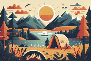 Sunny day landscape illustration in flat style with tent, campfire, mountains, forest and water. Background for summer camp, nature tourism, camping or hiking design concept photo