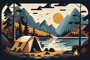 Sunny day landscape illustration in flat style with tent, campfire, mountains, forest and water. Background for summer camp, nature tourism, camping or hiking design concept photo