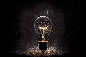 Sparkling light bulb on black background with ample copy space photo