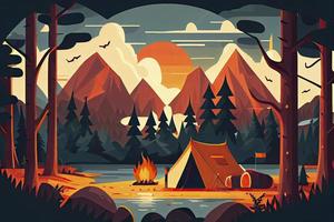 Sunny day landscape illustration in flat style with tent, campfire, mountains, forest and water. Background for summer camp, nature tourism, camping or hiking design concept photo