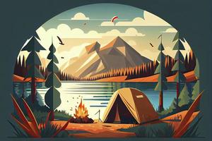 Sunny day landscape illustration in flat style with tent, campfire, mountains, forest and water. Background for summer camp, nature tourism, camping or hiking design concept photo