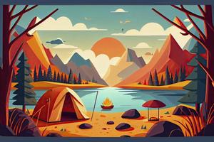 soleado día paisaje ilustración en plano estilo con carpa, hoguera, montañas, bosque y agua. antecedentes para verano acampar, naturaleza turismo, cámping o excursionismo diseño concepto foto