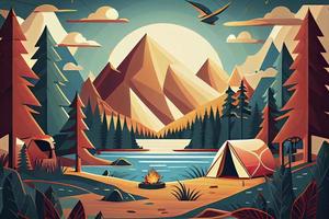 Sunny day landscape illustration in flat style with tent, campfire, mountains, forest and water. Background for summer camp, nature tourism, camping or hiking design concept photo