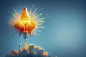 Ideas inspiration concepts with rocket lightbulb on blue background photo