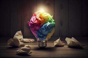 great idea concept with crumpled colorful paper and light bulb on wooden table photo