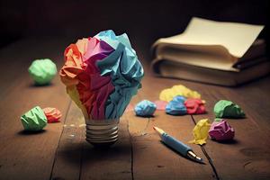 great idea concept with crumpled colorful paper and light bulb on wooden table photo