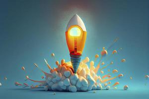 Ideas inspiration concepts with rocket lightbulb on blue background photo