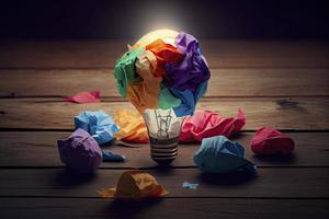 great idea concept with crumpled colorful paper and light bulb on wooden table photo