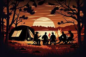 Family enjoying vacation camping at countryside in Autumn,Group of People sitting near the tent photo