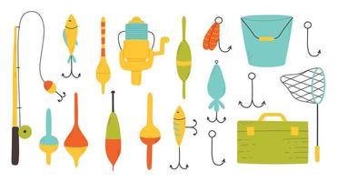 Set of elements for fishing.Collection of tackle and lures for fishing. Vector illustration. Flat style. Bright set for summer fishing.