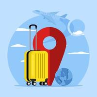 Navigation and suitcase for world tour travel planning with travel plans in summer. Suitcase location point marker and map or navigation pin icon in cloud. GPS pin icon vector rendering illustration