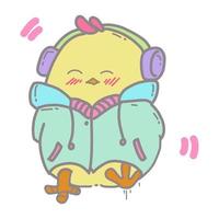 Cartoon illustration of a cute yellow chick, listening to music vector