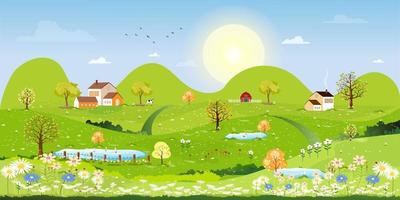 Spring green fields landscape with mountain,blue sky and clouds background,Panorama peaceful rural natural in village with green grass land. Cartoon vector illustration for spring and summer banner
