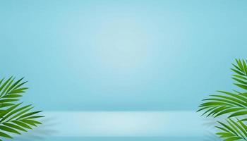 3D Studio Room Display with Coconut palm leaf and Shadow on blue wall background,Empty gallery room with podium,Vector backdrop background mockup for Spring,Summer Cosmetics,Product present,Advertise vector