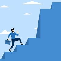 Concept of challenges to overcome difficulties, hurdles or business problems, thinking of solutions to cross hurdles to success, businessman climbing ladder to find difficult big step. vector