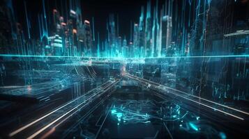 3D illustration of a futuristic data stream with futuristic city background. photo