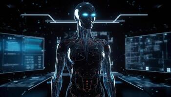 An AI human robot standing in front of a massive data. photo