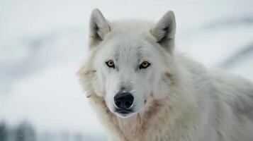 Close up of white wolf with snow background. Animal kingdom concept. photo