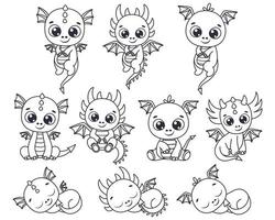 A set of contours of cute dragons. Vector illustration of a cartoon.